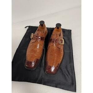 Yiima Shoes Mens Size 8.5 Brown Genuine Crocodile Teju Lizard Monk Strap Spain